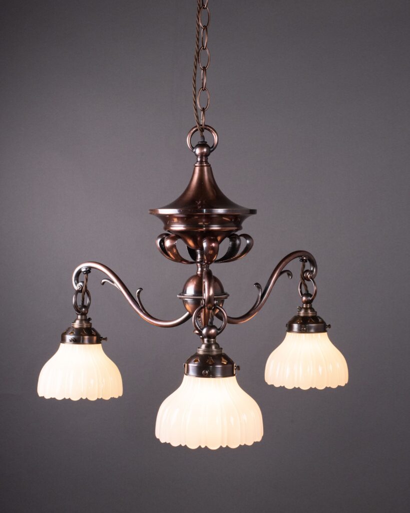 Arts & Crafts Oxidised Bronze Chandelier With Moonstone Shades - Fritz 