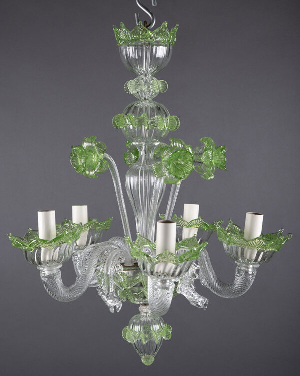 Antique Murano glass chandelier with green crystal flower & leaf details, elegant twisted arms with candle lamp holders.