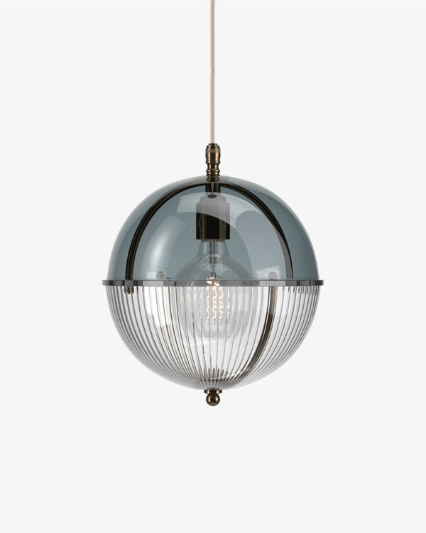 Grafton globe pendant light size L, featuring smoked glass top and a skinny ribbed glass bottom