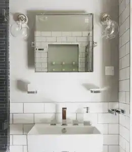 Modern bathroom mirror with lighting fixtures.