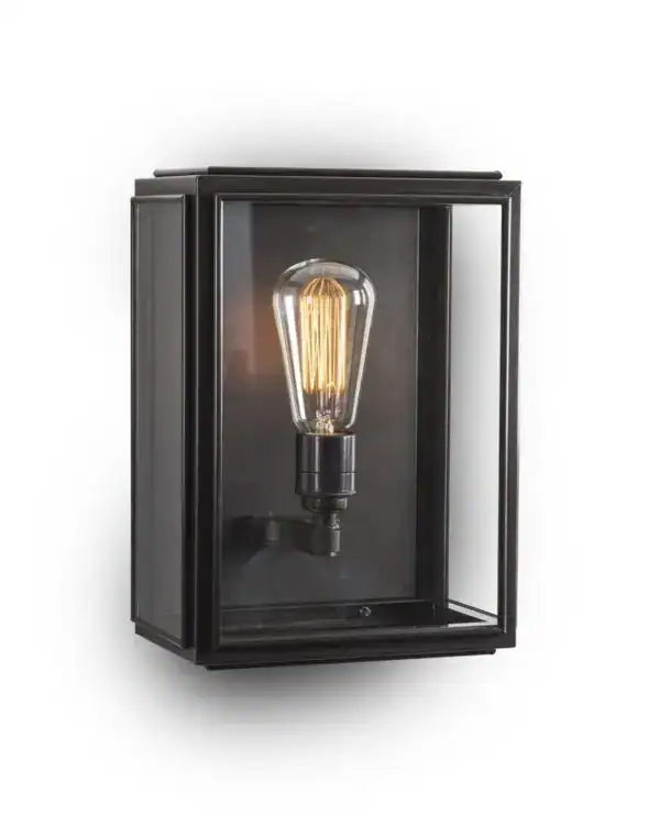 Edison-style wall light with black metal frame and glass enclosure, vintage industrial design.