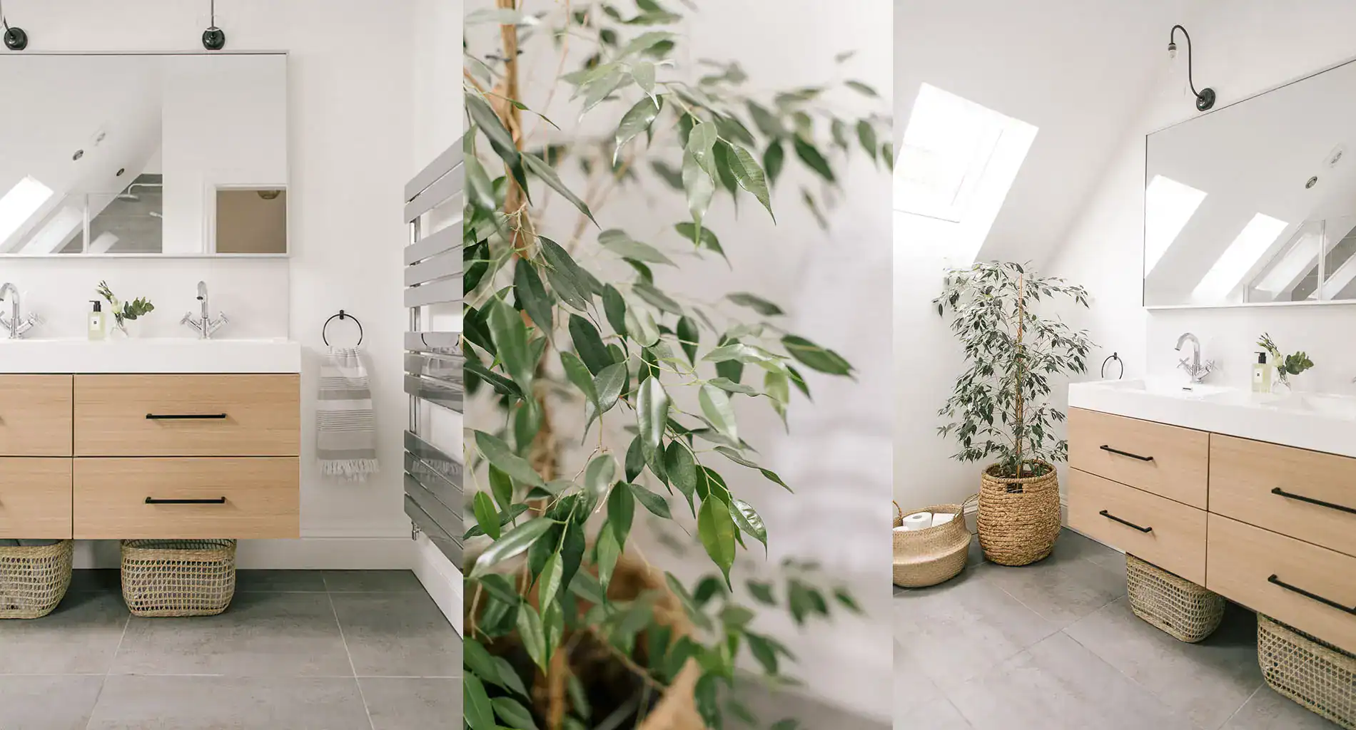 Modern bathroom with wooden vanity, potted plant, and natural light.