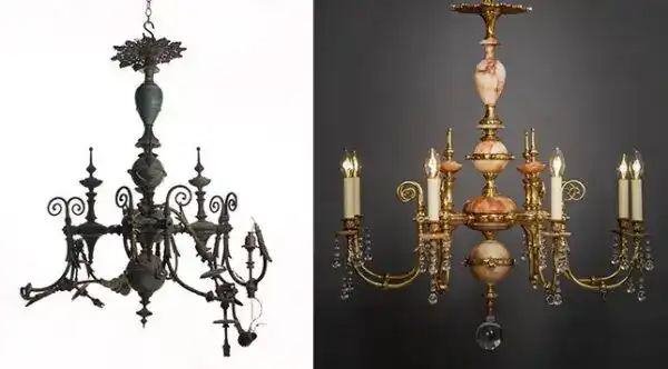Antique chandelier with ornate metalwork and multiple candle-style lights.