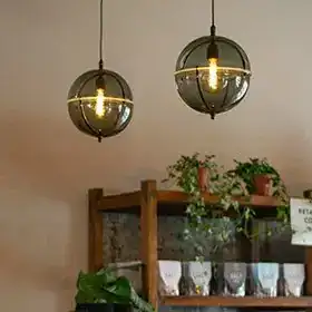 Pendant lighting fixtures with glass globes and vintage-style bulbs.