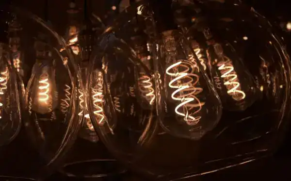 Vintage Edison-style filament light bulbs with glowing filaments.