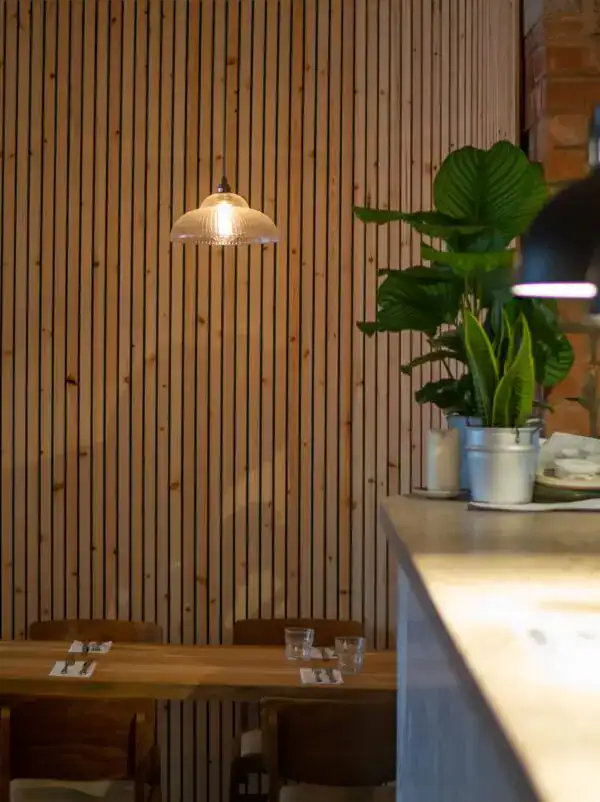 Pendant light over dining table.
