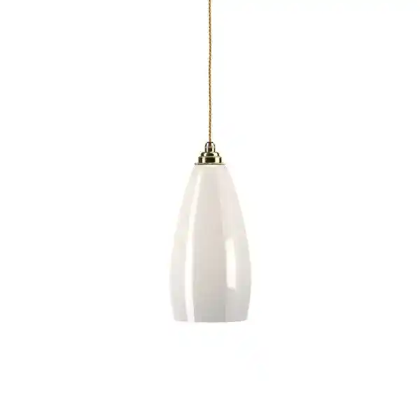 White pendant light fixture hanging from a gold cord, ideal for contemporary kitchen or dining room.