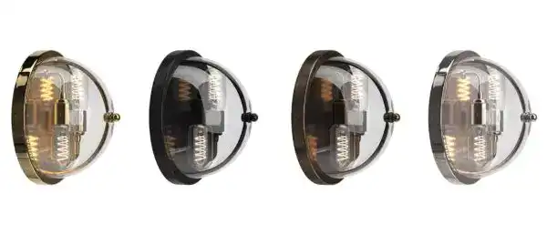 Vintage industrial-style light fixtures with metal casing in gold, black, bronze, and silver finishe.