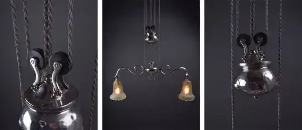 Pendant lighting with glass shades and metallic details for modern interiors.