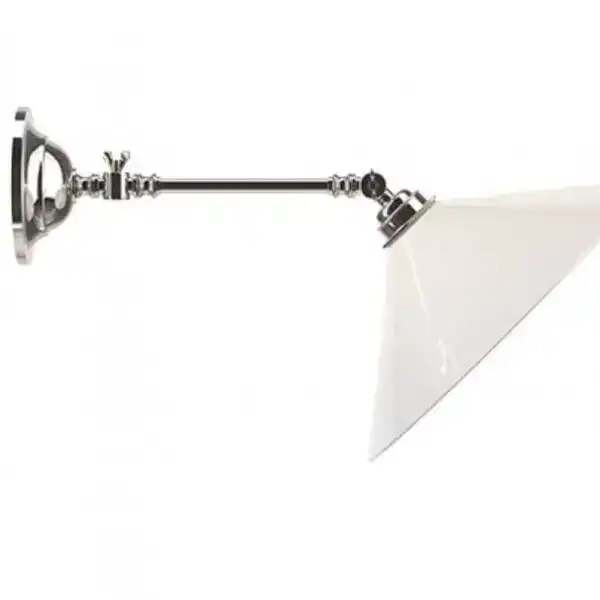Wall-mounted vintage-style lamp with a white conical shade and metallic arm. Perfect for adding a ti.