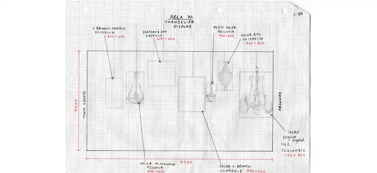 Lighting design sketch for Fritz Fryer UK, showcasing various lighting fixtures and layout plans.