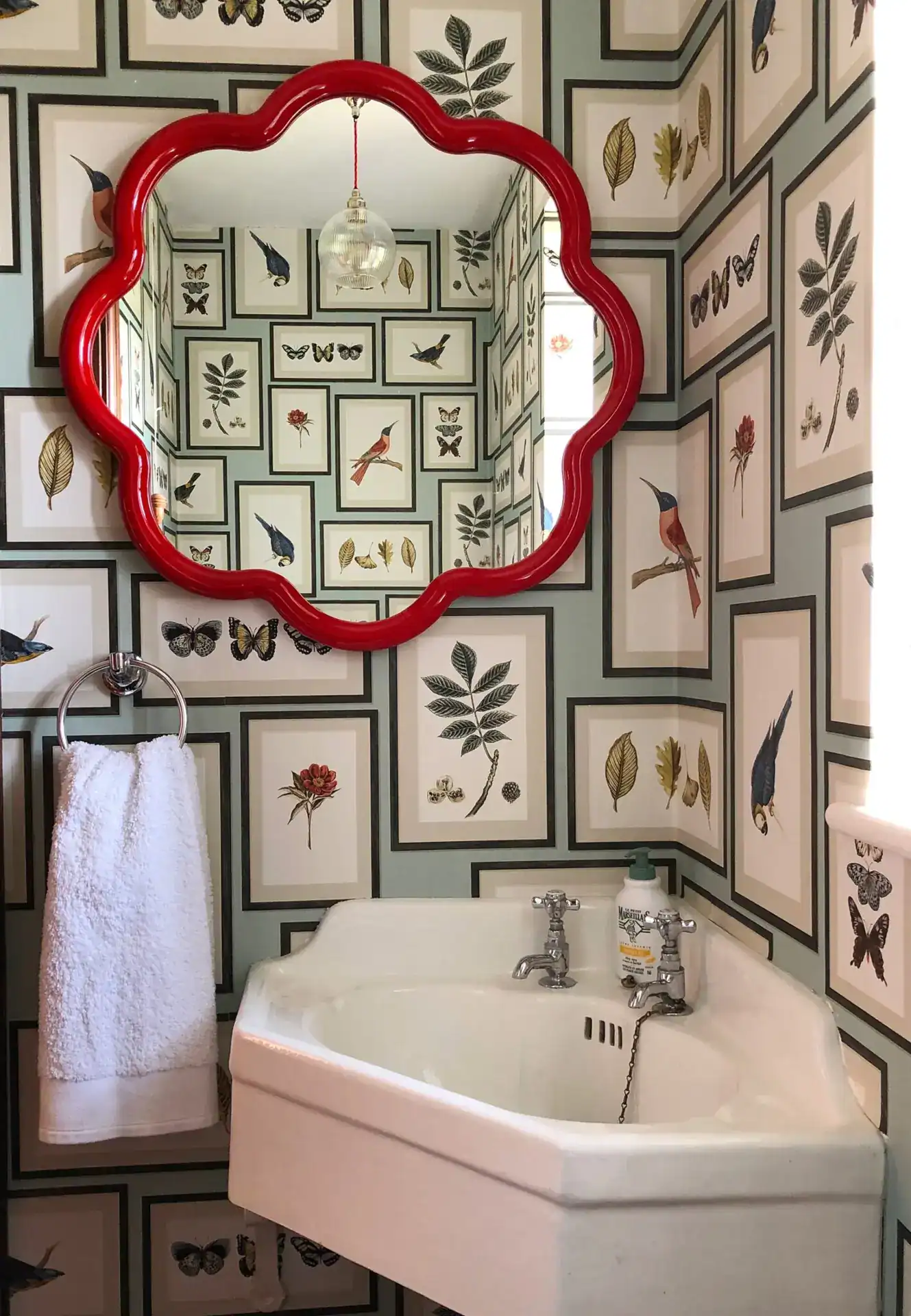 Vintage botanical and butterfly wall art in a stylish bathroom with a red mirror frame.