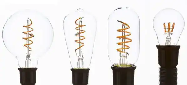 Vintage filament light bulbs with spiral filaments for decorative and ambient lighting.