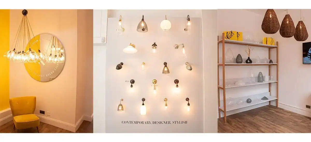 Contemporary designer lighting display with various modern fixtures.