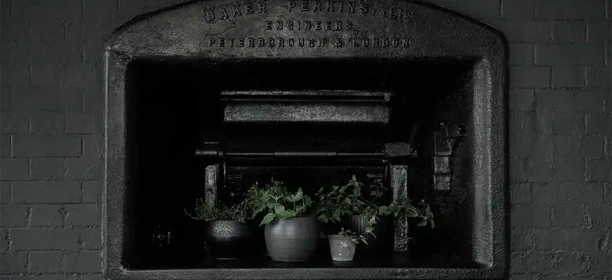 Modern black fireplace with potted plants.