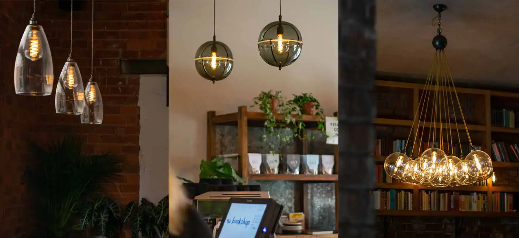 Pendant lighting with multiple glass globes hanging from a brass fixture.