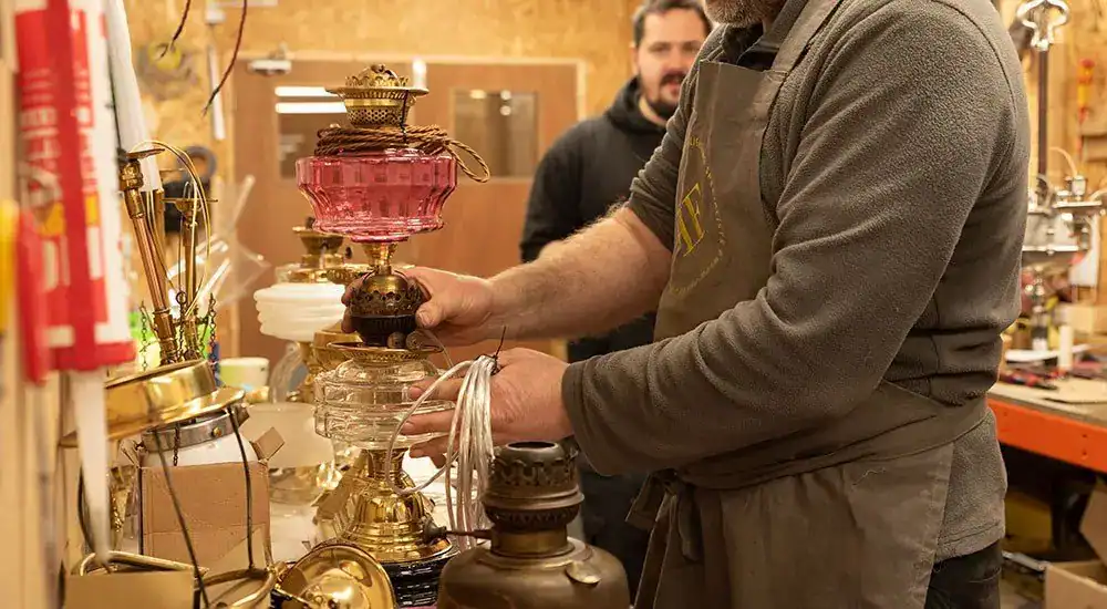 Vintage-style table lamps on display at Fritz Fryer Lighting UK store.