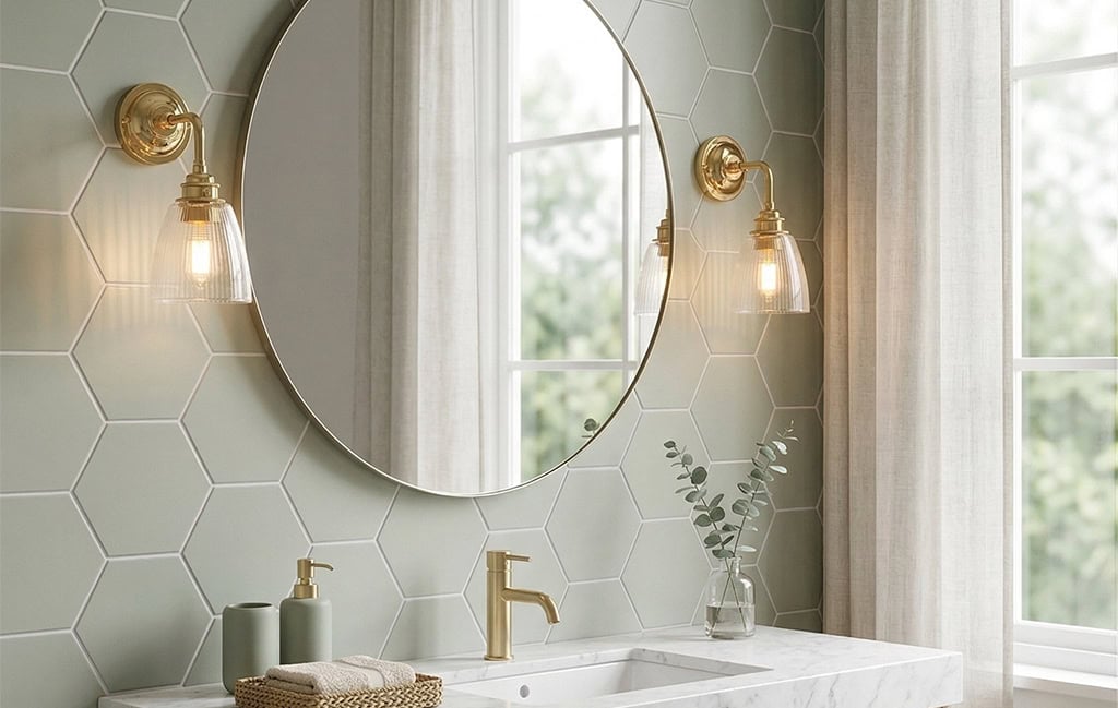 Bathroom with hexagon tiles and Fritz Fryer lighting fixtures.