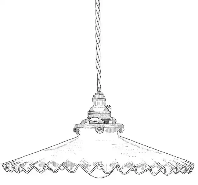 Vintage industrial pendant light fixture with a scalloped metal shade and twisted cord.