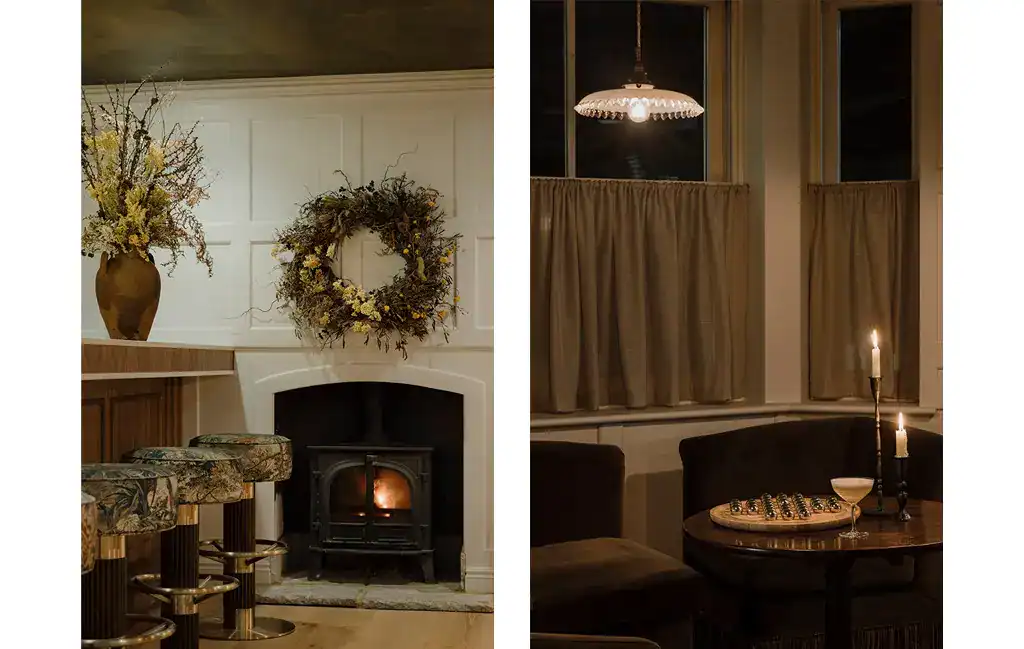 Elegant interior lighting with a cosy fireplace and vintage decor.