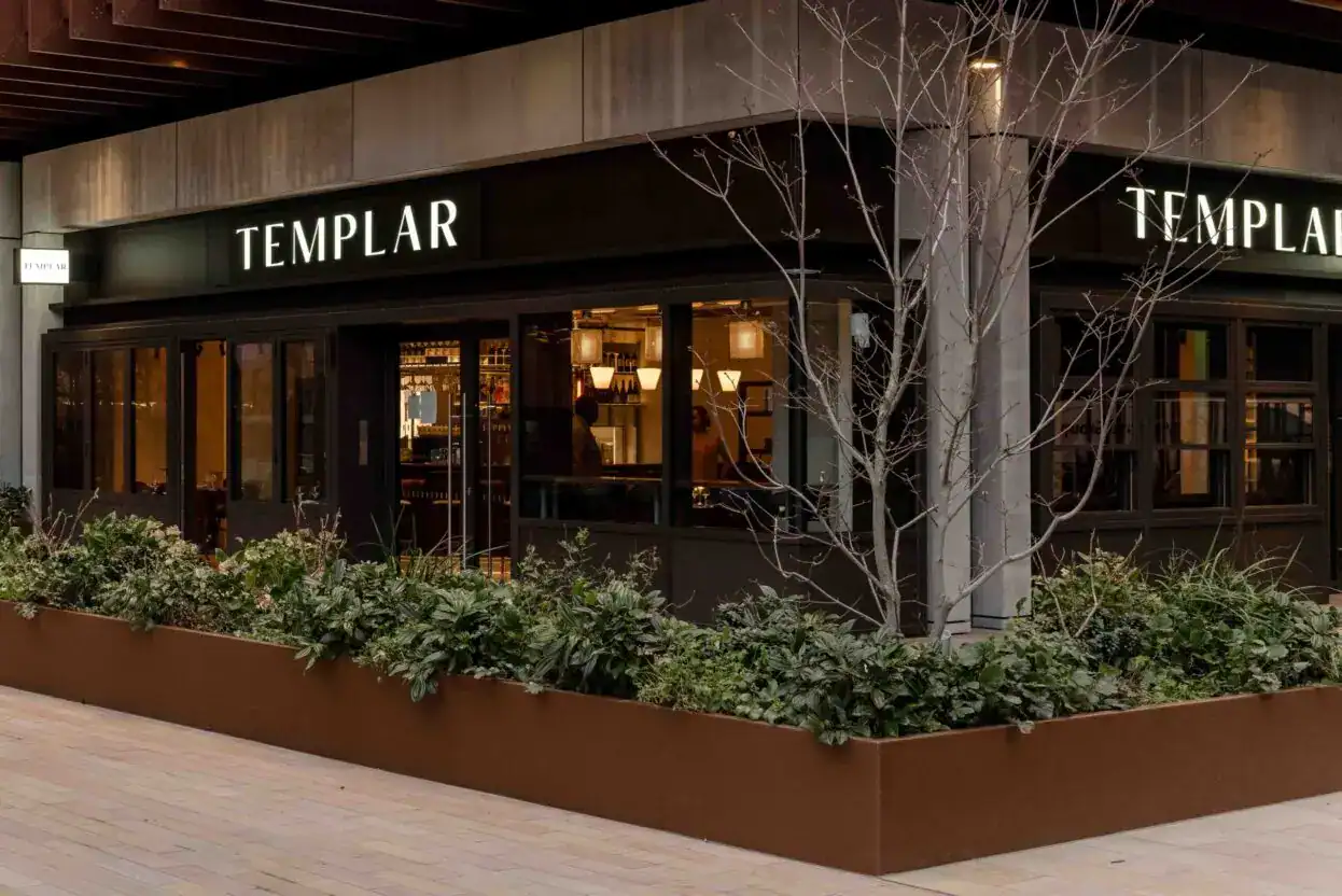 Exterior view of TEMPLAR lighting store in the UK, showcasing modern lighting fixtures and a welcomi.
