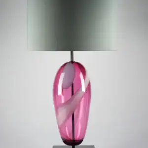 Artisan handblown Lucton table lamp with a pink and white glass base and a soft grey lampshade.