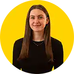 Portrait of Clara from the Fritz Fryer marketing team on a yellow background.