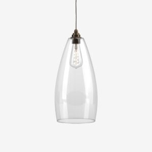 Modern glass pendant light with exposed filament bulb for contemporary interiors.