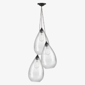 Fritz Fryer Lighting UK three teardrop pendant lights in clear glass.