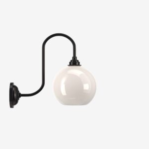 Fritz Fryer wall light with a curved black arm and white glass globe.