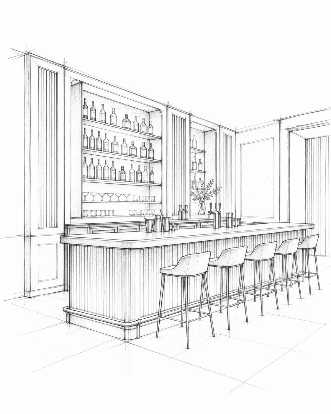 Sketch of a modern bar with lighting and seating from Fritz Fryer UK.