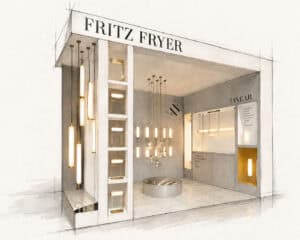 Modern lighting display at Fritz Fryer UK trade partner event.