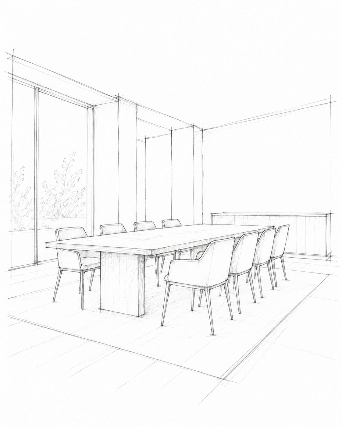 Sketch of a modern conference room with lighting fixtures and large windows.