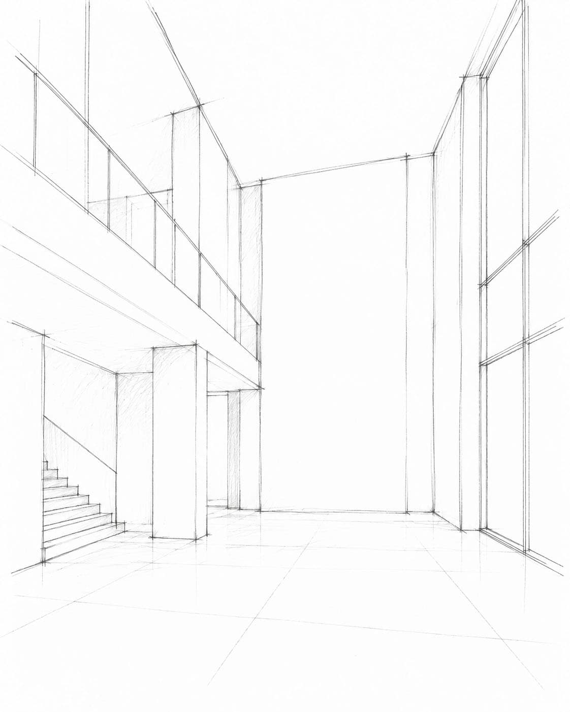 Interior design sketch of a modern building with high ceilings and large windows.