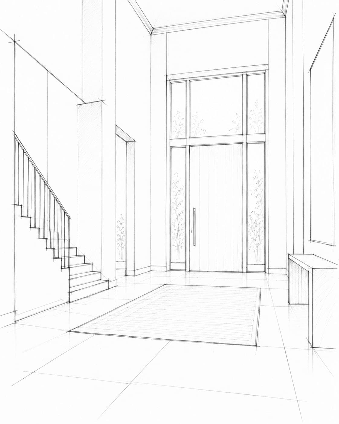 Interior sketch of a modern home entrance with large windows and staircase.