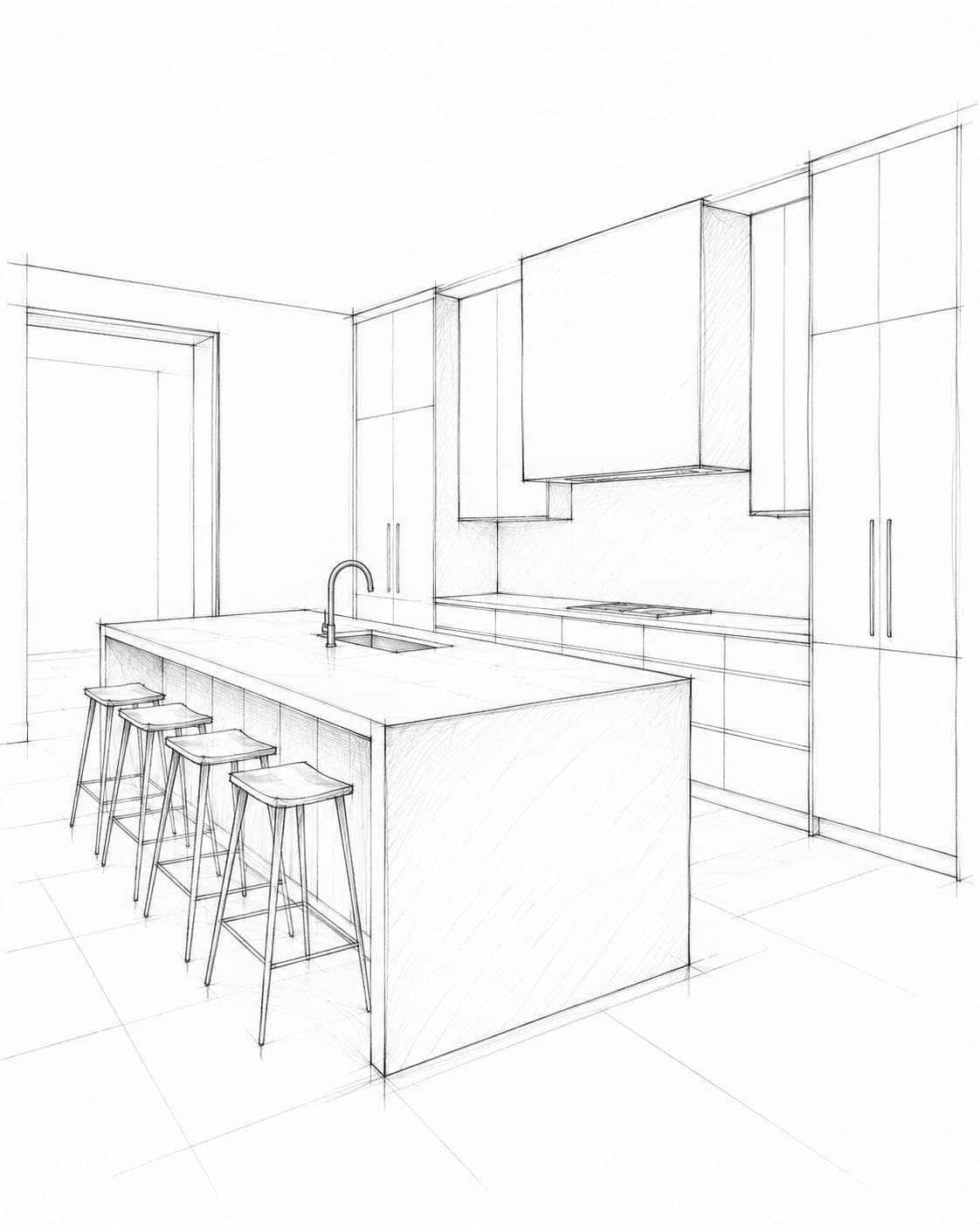 Modern kitchen design with island and cabinetry, sketch style.