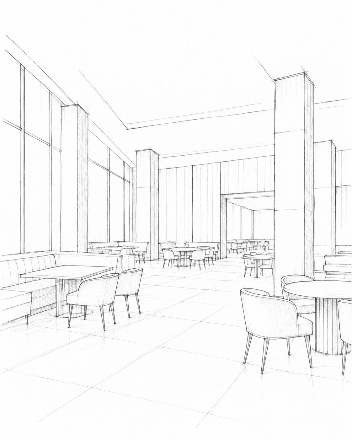 Interior design sketch of Fritz Fryer Lighting UK showroom with seating and lighting fixtures.