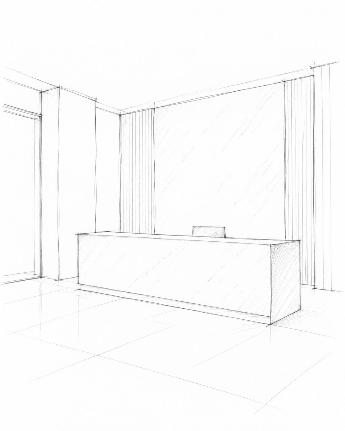Sketch of a modern reception desk with lighting and wall panels.